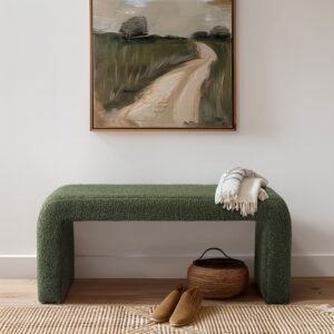 Steve bench has a sleek waterfall design with rounded corners and is upholstered in soft