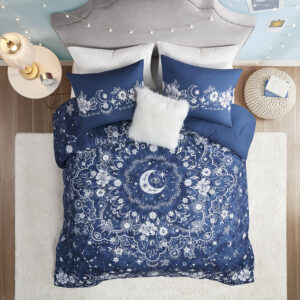 The Intelligent Design Stella Celestial Comforter Set offers a magically alluring update to your bedroom. The navy comforter features a celestial medallion print of stars