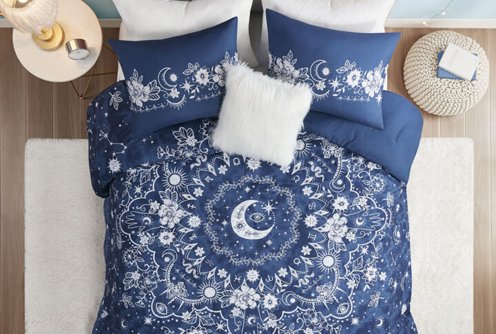 The Intelligent Design Stella Celestial Comforter Set offers a magically alluring update to your bedroom. The navy comforter features a celestial medallion print of stars