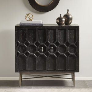 The Madison Park Hanley 2 Door Accent Cabinet Adds An Eye-Catching Style And Functionality To Your Home Decor. This 2-Door Accent Cabinet Features A Distressed Black Finish With Hand-Carved Designs On The Doors That Add Charm And Dimension. The Bronze Metal Legs Provide A Sturdy Base