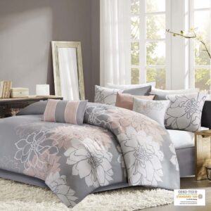 The Madison Park Lola Comforter Set transforms your bedroom into a beautiful and graceful space. A gorgeous floral print in a soft white and peach hue pops against the solid grey ground cotton sateen comforter and shams (1 for Twin/Twin XL Sizes) for a stunning transitional look. Three decorative pillows with embroidered details and fabric manipulation add texture and dimension to the bed