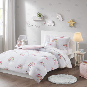 The Mi Zone Kids Alicia comforter features an adorable rainbow and gold metallic star print for a cute and playful look. The comforter and shams (1 in Twin) bring a whimsical charm to your kid's bedroom and a complete sheet set with a fun unicorn print coordinates beautifully with the comforter set