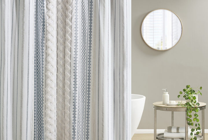 Elevate the look of your bathroom with the INK+IVY Imani Cotton Printed Shower Curtain with Chenille Stripe. This 100% cotton shower curtain features a globally inspired Aztec print with a cotton chenille trim that adds a sophisticated touch. Machine washable for easy care