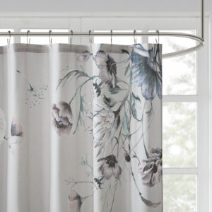 this shower curtain features a large floral print in soft blue hues on a grey ground to create a gorgeous and unique design. With a soft and romantic color combination