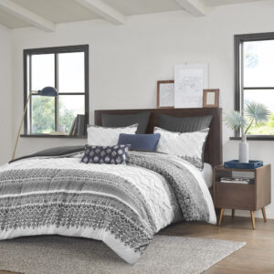 Transform your bedroom with the charming shabby chic allure of the INK+IVY Mila 3 Piece Cotton Comforter Set with Chenille Tufting. The cotton comforter flaunts an updated gray botanic print