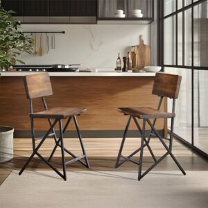 giving this counter stool a hearty industrial look. The solid amber wood creates a warm and inviting appeal