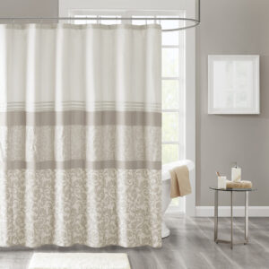 Complete your bathroom with the charm of our 510 Design Ramsey Printed and Embroidered Shower Curtain. This microfiber shower curtain features a printed and pieced design in cool neutral hues for a soft and traditional look. Elegantly embroidered details add a sophisticated touch