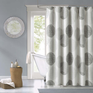 Knowles instantly updates your bathroom for a clean modern look. A circular print in different shades of gray covers this soft gray light weight shower curtain. Each shower curtain measure 72"x72" and is finished with 12 button holes at the top making it easy to hang; hooks