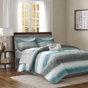 The Madison Park Essentials Saben Complete Comforter and Cotton Sheet Set provides a modern update to your bedroom. A watercolor stripe print is beautifully displayed on the ultra-soft microfiber comforter. The matching shams (1 in Twin Sizes) mirror the pattern of the comforter