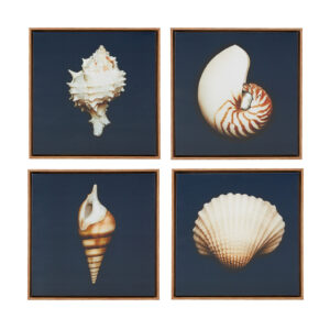 The Madison Park Ocean Seashells 4-piece Framed Canvas Wall Art Set by Artist Julie Greenwood adds a dynamic coastal update to any room in your home. This four piece canvas wall art set shows different realistic seashells against a lush navy background