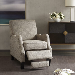 while the reclining feature makes it easy to kick back and relax. Upholstered in a beige polyester and cotton fabric