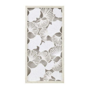 Enhance your farmhouse or country cottage decor with Martha Stewart's Lily Pond Wall Art Panel. Handmade off-white rice paper in a gingko leaf design is showcased in a glass-protected shadow box. Hang it horizontally or vertically with D-ring hangers. Indoor use only. Spot clean. Elevate your space effortlessly.