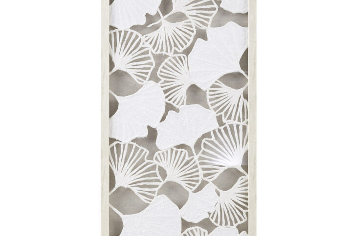 Enhance your farmhouse or country cottage decor with Martha Stewart's Lily Pond Wall Art Panel. Handmade off-white rice paper in a gingko leaf design is showcased in a glass-protected shadow box. Hang it horizontally or vertically with D-ring hangers. Indoor use only. Spot clean. Elevate your space effortlessly.