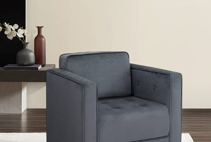 Elevate your living room with the bold style and comfort of Martha Stewart’s Madrid 360 Degree Upholstered Swivel Chair. Upholstered in a soft gray fabric