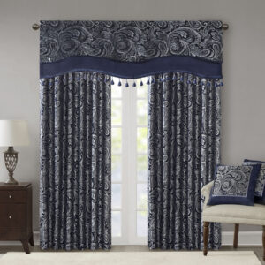 our Madison Park Aubrey Beaded Valance is the perfect extra touch to your decor. The alluring jacquard weave is inspired from an updated paisley motif and is woven in beautiful hues of navy