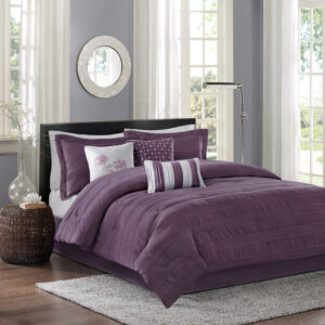 The Madison Park Hampton Collection adds dimension with the use of fabric manipulation. This unique polyester jacquard fabric has a wrinkle feature that is used in a striped fashion horizontally across the comforter and shams. The deep plum used in this set gives a modern feel that be easily be added into your current decor. Three decorative pillows use the top of bed color along with a heather grey for a chic finish.