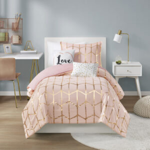 metallic gold print against a soft blush ground for a fun and eye-catching look! Matching sham(s) echo the design seen on top of the bed to pull the entire ensemble together. Two embroidered decorative pillows with typography and metallic details complete this fabulous