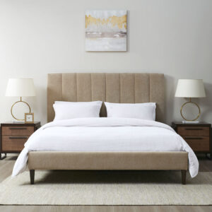 Elevate your bedroom style with the 510 Design Catalina Queen Channel Tufted Upholstered Platform Bed. Upholstered in lush tan_x000D_