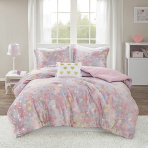 The Mi Zone Rosalie Metallic Printed Plush Comforter Set brings a bright and casual update to your bedroom. A gold metallic heart print adorns the tie-dye plush comforter and shams (1 in Twin/TwinXL) creating a soft and fun look. An oblong decorative pillow with a pompom trim and embroidered hearts adds a lovely touch to the bedding set. The hypoallergenic polyester comforter filling contains no allergens and is treated to be dustproof