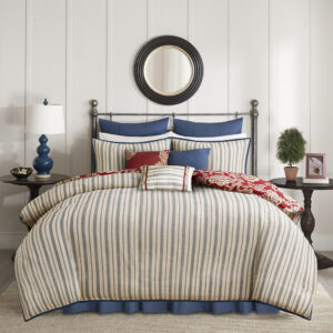 while two Euro shams add a touch of color to the comforter set. Three decorative pillows with embroidery and fabric manipulation and a solid bed skirt complete this country duvet cover set. A button closure secures a comforter insert within the duvet cover and inside corner ties prevent it from shifting (insert is NOT included). This bedding set is also OEKO-TEX certified