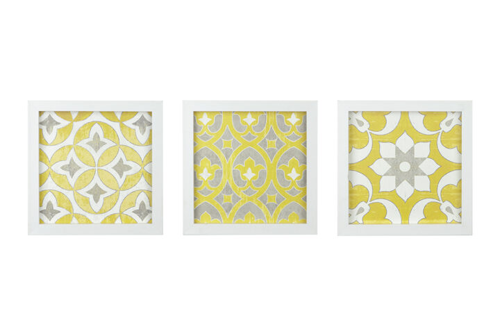 Add the perfect pop of color with the Madison Park Patterned Tiles Distressed Yellow Medallion 3-piece Wall Decor Set by Artist Z Studio. This three piece set features a global inspired pattern in dynamic shades of vibrant yellow