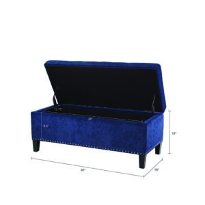 This modern storage bench accentuated with tufting provides ample storage and features an elegant blue colored soft fabric with black noir legs. Assembly Required.