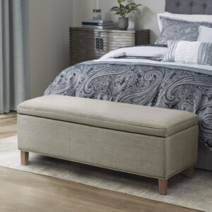 Complete your home decor with the simple and refined style of the Martha Stewart Caymus Rectangular Storage Bench. Upholstered in an light grey fabric