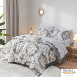 The Madison Park Essentials Serenity Complete Comforter and Cotton Sheet Set provides a fresh globally inspired look for your bedroom. An intricate medallion pattern repeats across the top of bed in brilliant shades of complementary colors to play up the oversized print. An oblong pillow uses decorative embroidery and piecing to create texture on the top of bed. Also included is a complete cotton sheet set that features a coordinating medallion print to complete the look. Bringing the best in health and wellness