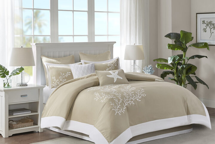 Bring a bit of sea side inspiration into your home with this beautiful bedding collection. The Harbor House Coastline collection features an intricate white coral motif embroidered on a taupe background finished with a pieced white border. Oversized and overfilled