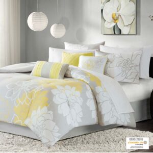 The Madison Park Lola Comforter Set transforms your bedroom into a beautiful and graceful space. A gorgeous floral print in a soft white and yellow hue pops against the solid taupe grey ground cotton sateen comforter and shams (1 for Twin/Twin XL Sizes) for a stunning transitional look. Three decorative pillows with embroidered details and fabric manipulation add texture and dimension to the bed