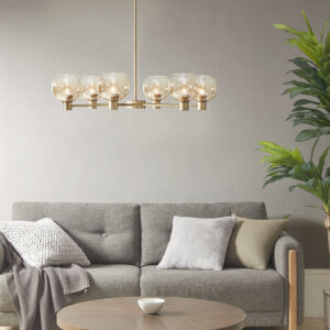 this chandelier flaunts a unique modern design with an antique brass finish for a chic contemporary look. The ombre amber glass shades create a warm illuminating glow to invigorate your space. Mounted using an antique brass ceiling base