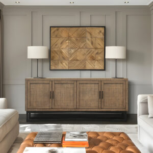 Upgrade your living space to new heights with the 84” Santa Barbara Accent Cabinet. Complemented by sleek metal legs