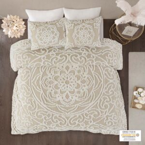 The Madison Park Laetitia Tufted Cotton Chenille Medallion Duvet Cover Set provides an alluring shabby chic update to your bedroom. This globally inspired duvet cover features a 100% cotton face and reverse with a tufted chenille medallion centered on top of the bed. The matching shams (1 in Twin/Twin XL size) coordinate with the cotton duvet cover to complete the boho look. Perfect for all season use