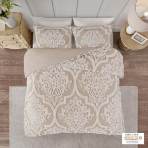 The Madison Park Viola 3 Piece Tufted Cotton Chenille Damask Duvet Cover Set offers the perfect cottage touch to your bedroom décor. A tufted chenille damask design is beautifully displayed on the 100% cotton duvet cover and matching shams