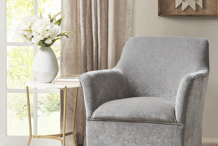 Relax in simple comfort with the Madison Park Augustine Swivel Glider Chair. Featuring a tight back and seat with an attached cushion