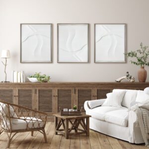 it's presented in a drop shadow moulding with angled lip and paired with a weathered wood-colored frame for a minimalist and contemporary appeal. Measuring 26.75"W x 32.75"H x 1.25"D