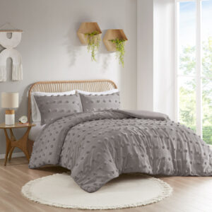 Refresh your bedroom with the elegant style of Intelligent Design's Lucy Clip Jacquard Duvet Cover Set. This beautiful duvet cover features fun and playful clip jacquard pompoms all over the face that add dimension to the top of the bed for a lovely look. The matching shams (1 in Twin/TwinXL) also flaunt the delicate design of the duvet cover to complete the jacquard bedding set. Machine washable for easy care