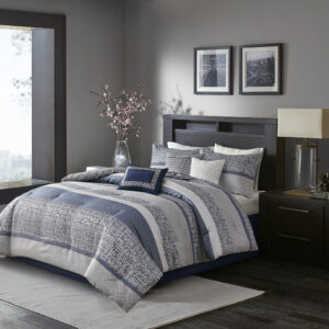 Give your bedroom a new luxurious look with the Madison Park Rhapsody 7 Piece Jacquard Comforter Set. This jacquard comforter features a navy and grey stripe design of several different motifs on the face with a solid grey reverse