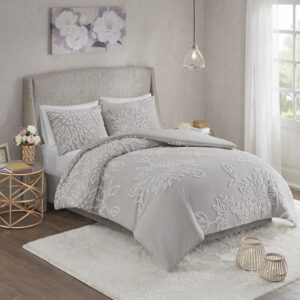 Complete your bedroom decor with the Madison Park Veronica 3 Piece Tufted Chenille Floral Comforter Set. The shabby chic comforter features white cotton tufted chenille floral pattern on a warm grey background that creates a lovely contrast. The 2 matching shams mirror the design of the comforter to complete the farmhouse aesthetic