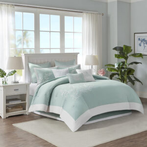 Bring a bit of sea side inspiration into your home with this beautiful bedding collection. The Harbor House Coastline collection features an intricate white coral motif embroidered on an aqua background finished with a pieced white border. Oversized and overfilled