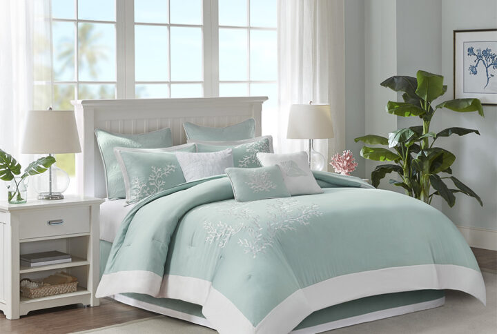 Bring a bit of sea side inspiration into your home with this beautiful bedding collection. The Harbor House Coastline collection features an intricate white coral motif embroidered on an aqua background finished with a pieced white border. Oversized and overfilled