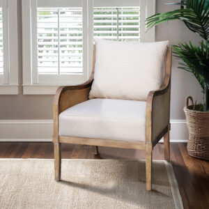 Unveiling the Morgan Accent Chair from Martha Stewart's Lily Pond collection—an embodiment of tasteful luxury. Crafted with a solid wood frame in a reclaimed natural finish and adorned with double-layer synthetic cane on the arms and back for added durability