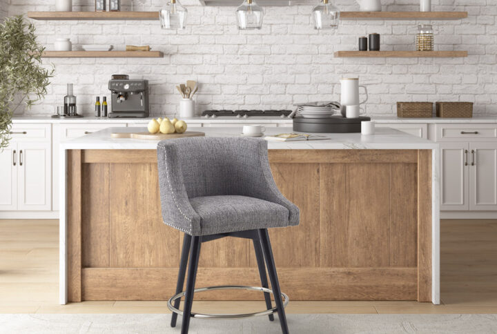 Elevate your dining space with the Madison Park Mateo Swivel Counter Stool. This swivel counter stool is upholstered in a grey fabric and features a low back