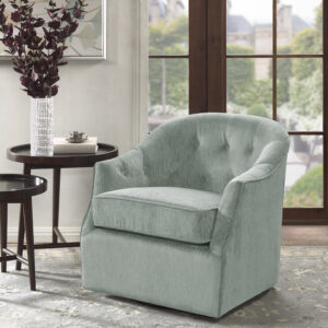 Classic meets contemporary with the Madison Park Calvin Swivel Chair. The curved wide back features elegant button tufts that add charm and elegance to the design. A high-density foam filling and solid wood frame provide exceptional comfort and support. The swivel feature allows the lounge chair to rotate on its black metal base. Upholstered in a soft light green velvet fabric