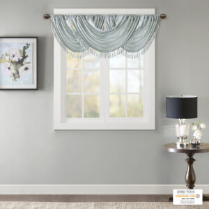 with our Elena Waterfall window valance. This classy dusty aqua valance showcases rich center draping details and a beautiful tassel trim