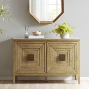 The Madison Park Paige accent cabinet provides a stunning statement piece with plenty of versatility that elevates your decor. This contemporary accent cabinet offers spacious and functional storage behind the 2 unique doors