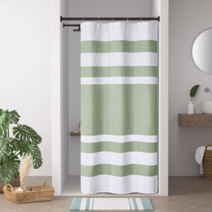 Update your space with the Madison Park Spa Waffle Shower Curtain with 3M Treatment. Featuring a fresh and updated stripe design