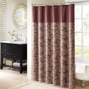 The Madison Park Aubrey Polyester Jacquard Shower Curtain creates a sophisticated modern look in your bathroom. The pieced design flaunts a beautiful woven jacquard in an updated paisley motif with a large solid stripe at the top of the shower curtain. This jacquard shower curtain is machine washable for easy care. Complete the collection and look with coordinate bath towels