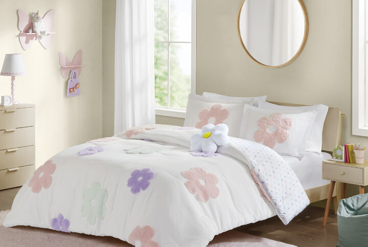 The Urban Habitat Kids Gracie comforter set features a charming floral tufted chenille design in purple