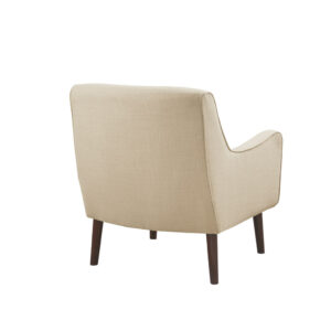 this chair is upholstered in a soft sand fabric that adds a light contrast to the room decor. The frame is composed from select hardwoods and plywood and is elevated on smooth tapered wooden legs in espresso finish. Removable cushion